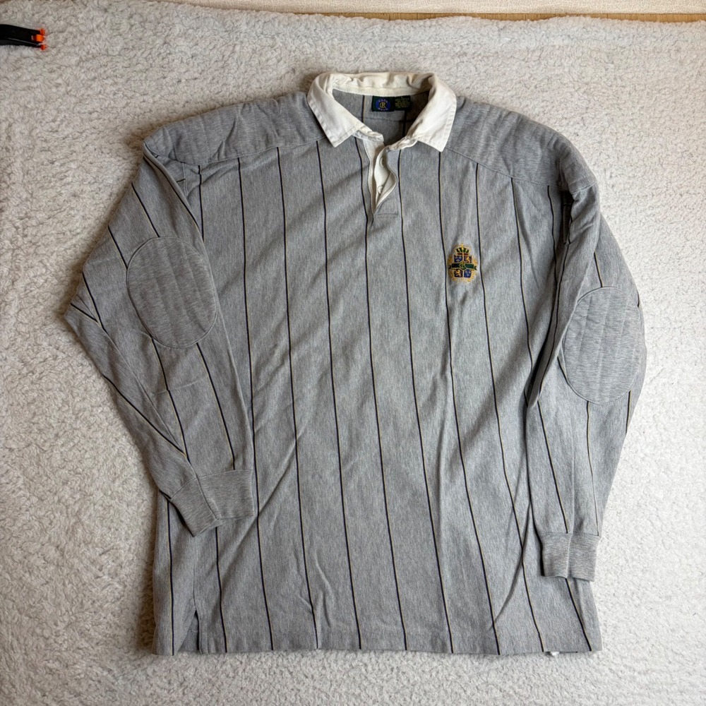 Vintage Club Room Rugby Shirt Mens Large Gray Striped Elbow Patch Crest Y2K